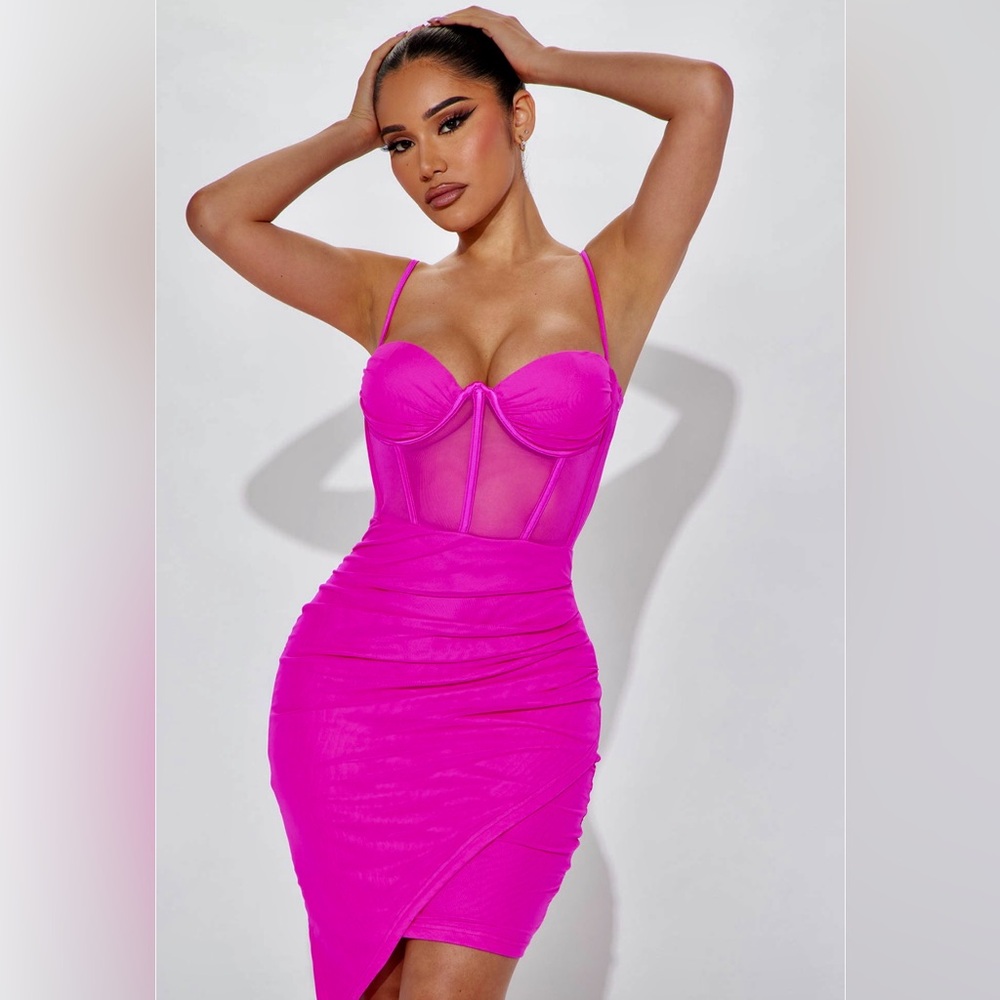 Fashion Nova. Skye Mesh Mini Dress. Hot Pink. NWT